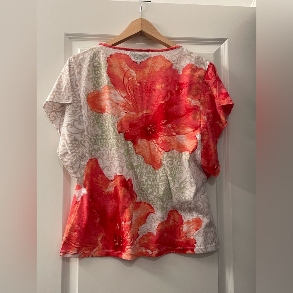 Style & Co. Vibrant Red and Cream Floral Tee with gold sequin accents - Picture 2 of 3